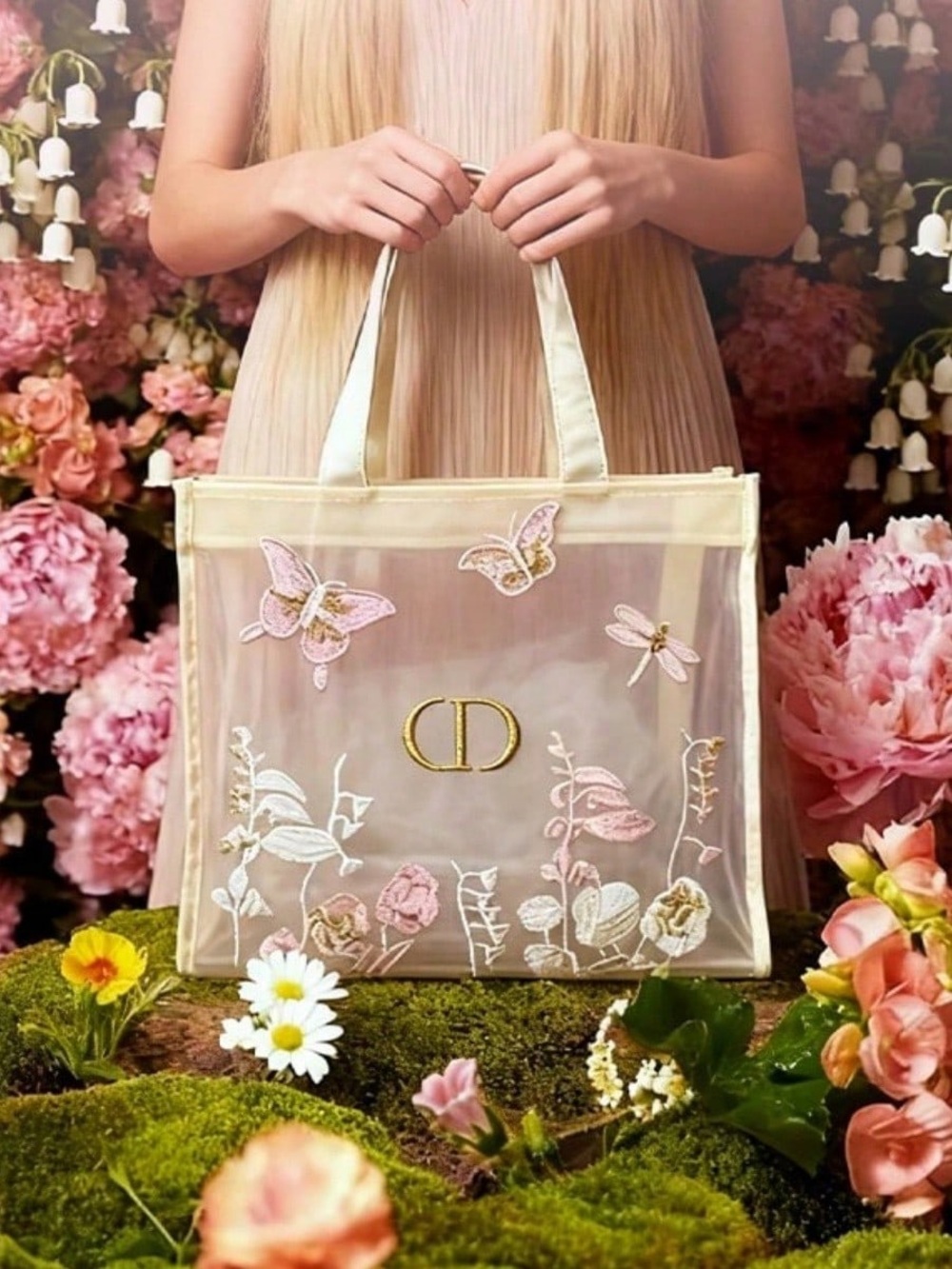Dior Cream Transparent Tote with Pink & Gold Embroidery NWT